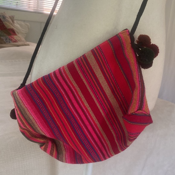 mexican fabric striped colorful w neon fabric cross body purse, w pom pom - Picture 3 of 12